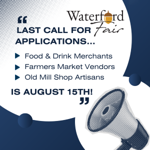 Blue and white image with megaphone issuing a last call for artisans.